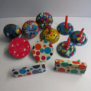 10 Metal Tin Wood Noise Makers New Years Eve Vtg Graphics Spinner Rachet Bells